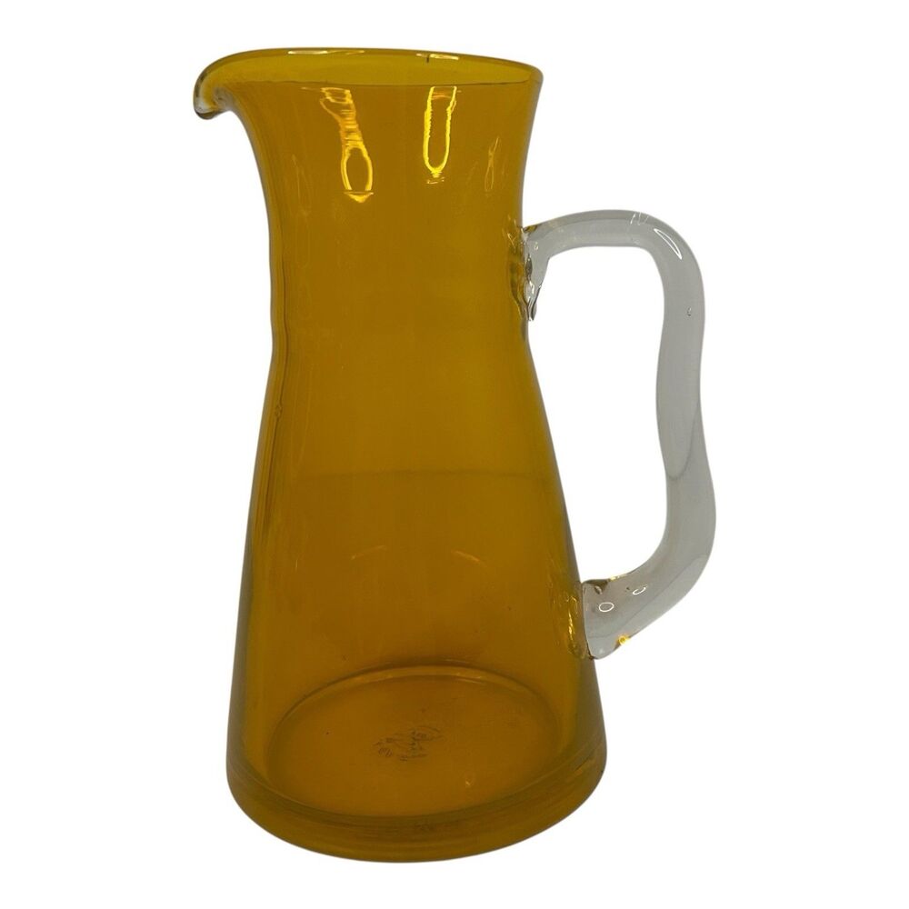 Vintage MCM FTD Amber Glass with Applied Clear Handle Carafe Pitcher 92-1098V